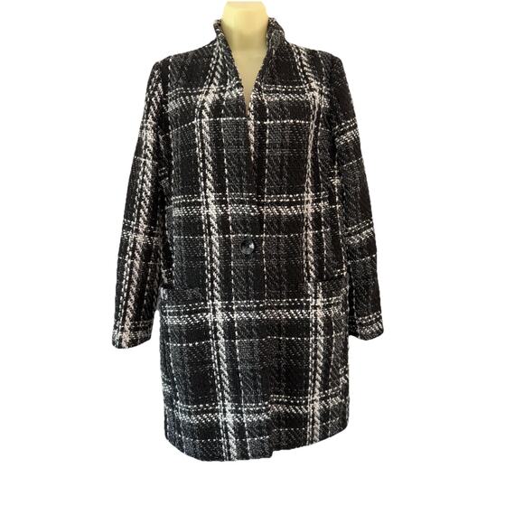EXPRESS Plaid Tweed Boucle 1 Button Woven Coat Jacket Women Black White Small - Picture 1 of 10